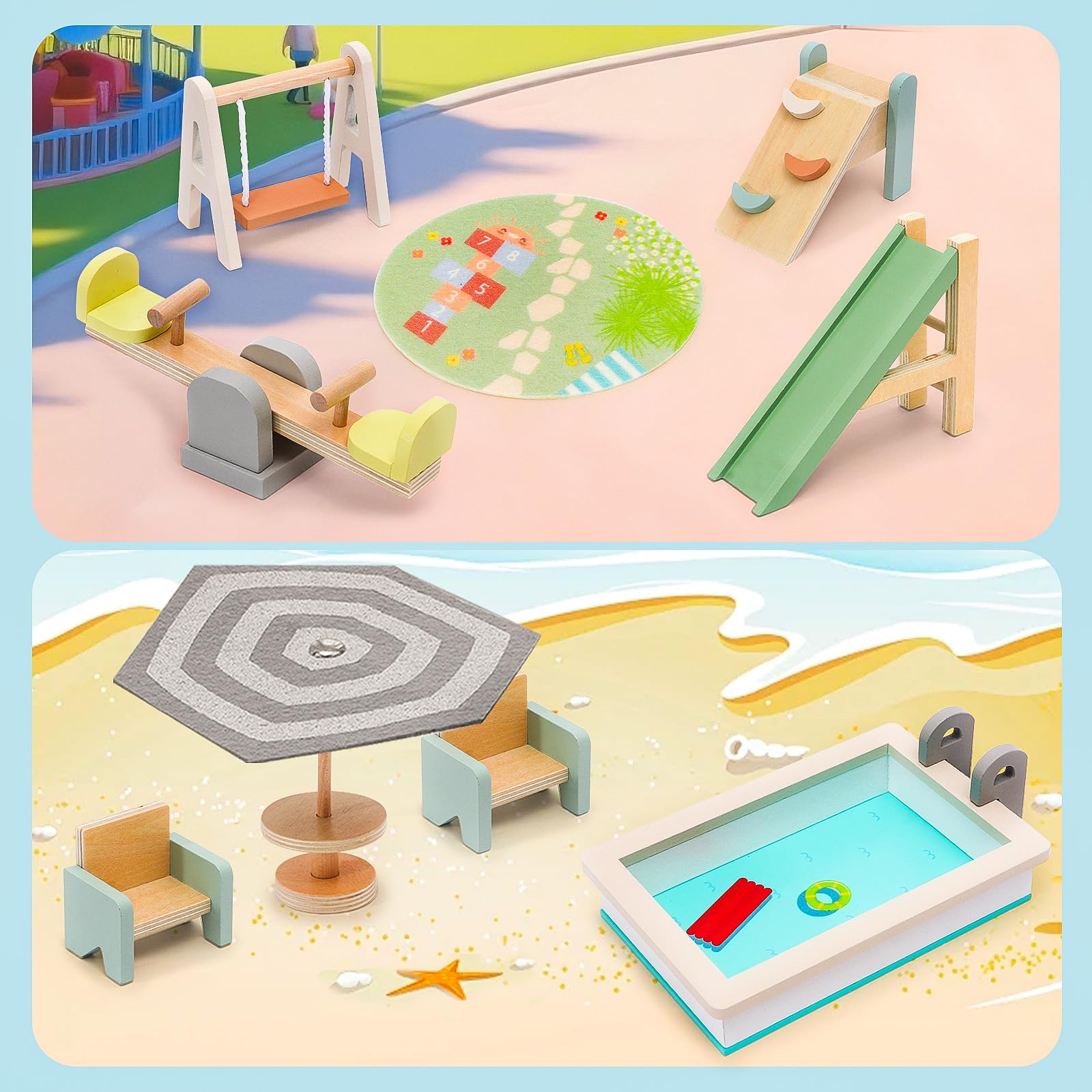 Wooden Doll House Furniture and Accessories Outdoor Play Set for Kids- Includes Slide, Swing, BBQ Grill, Pool & Garden - Perfect Doll House Decor Gift for Children 3-6 Years Birthday Christmas