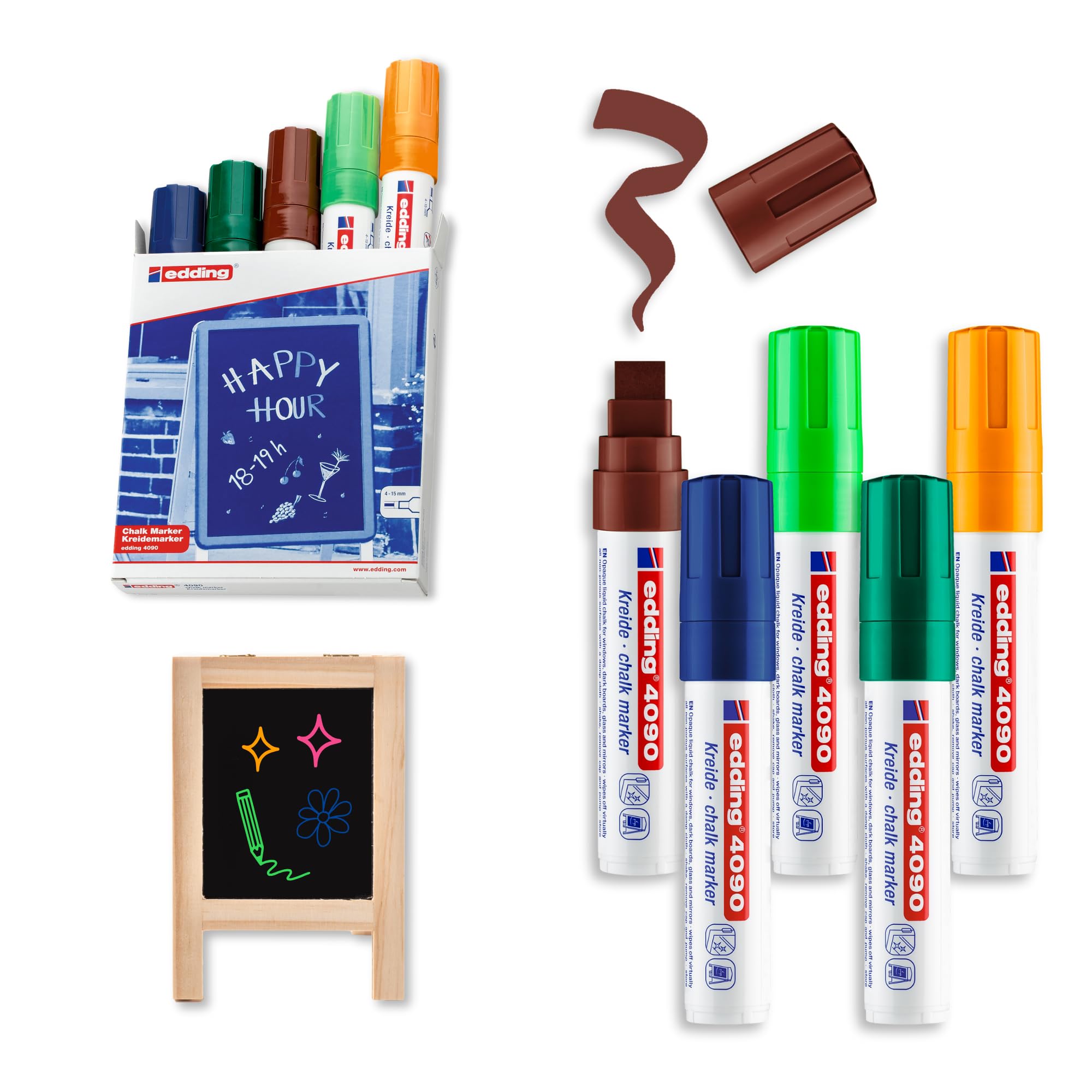 edding 4090 chalk marker - multi-coloured - 5 chalk pens - chisel nib 4-15 mm - wet wipe pen for chalkboards, windows, glass, mirrors - liquid chalk marker pens for opaque coverage