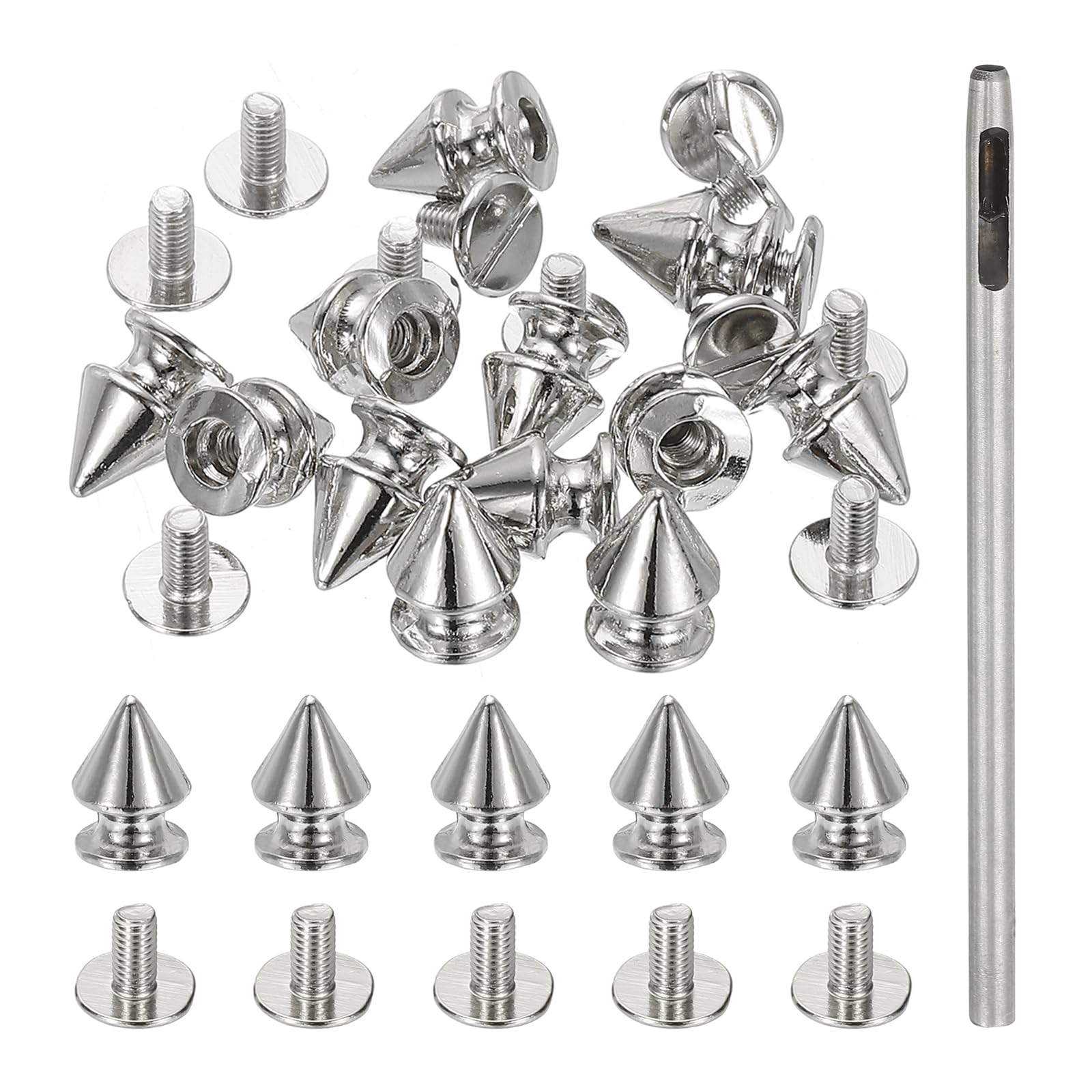 PATIKIL 12mm Studs for Clothing, 12 Sets Spikes for Clothes Studs and Spikes Leather Rivets Metal Cone Punk Spikes Screw Posts with Hole Puncher for Leather Jacket Fabric, Silver Tone