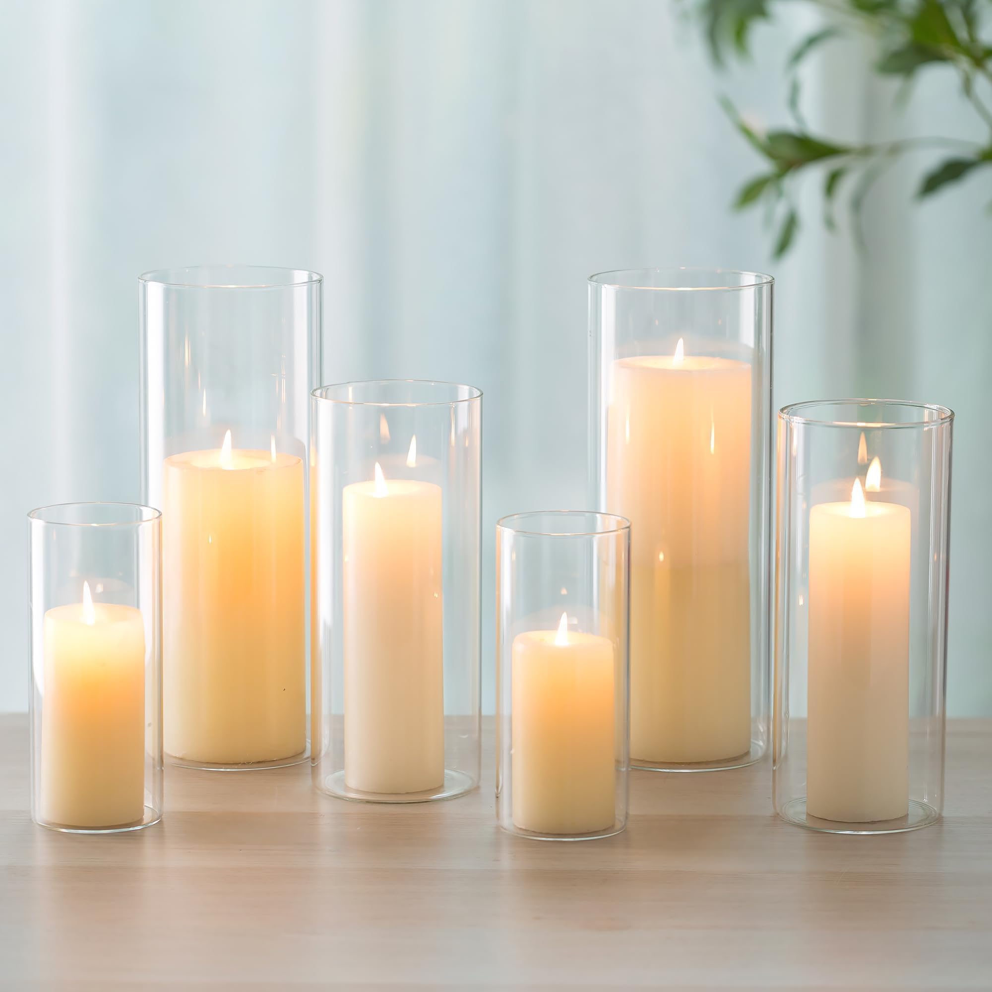 Romadedi Glass Hurricane Candle Holder: 6Pcs Pillar Cylinder Candle Holders Flower Vase for Pillar Floating Tea Light Candles for Wedding Party Table Centerpiece Decoration Living Room Home Decor