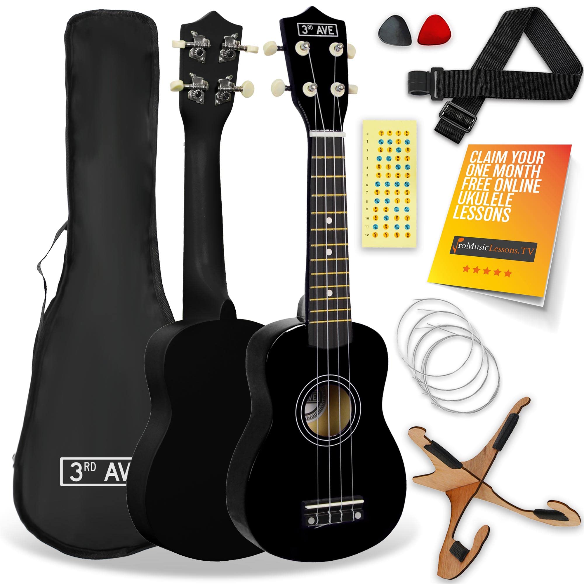 3rd Avenue Soprano Ukulele 21 Inch Beginner Pack Bundle – Bag, Stand, Strap, Strings, Picks and Fret Stickers – Black with FREE 1 Month Online Lessons — image 1