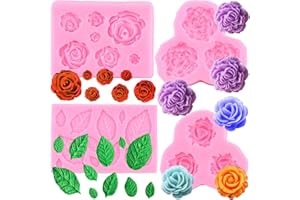 Zixiang Rose Flower Candy Mold Leaf Fondant Molds Peony Flowers Silicone Molds for Sugar Craft Chocolate Gum Paste Cake Decorating Cupcake Topper Set Of 4
