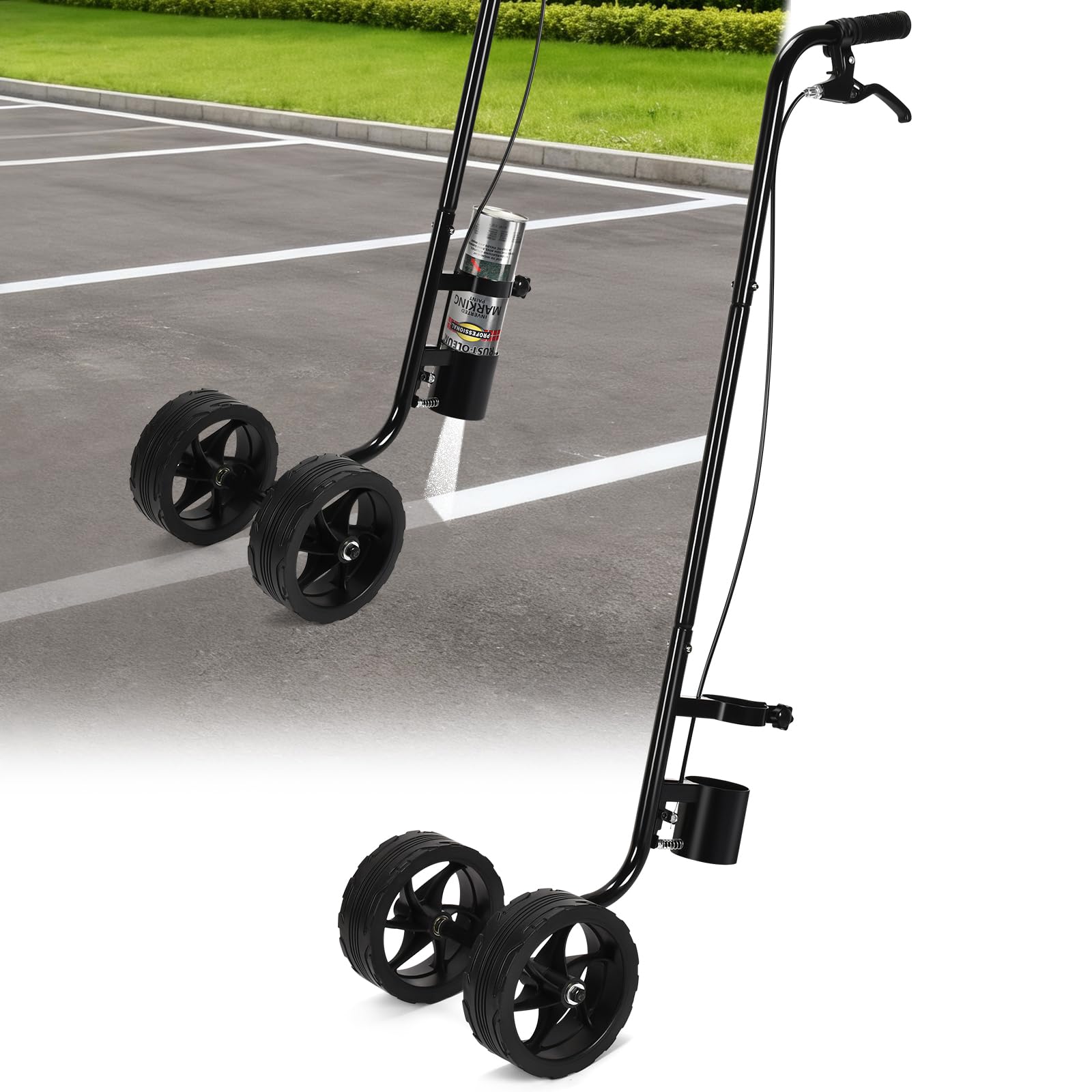 Photo 1 of CAROD Marking Paint Wand, Dual-Wheel Line Marking Wand Sprayer Compatible with Inverted Marking Paint, Side Push Marking Stick for Ground Sport Field Parking Lot Spray Applicator (Black)
