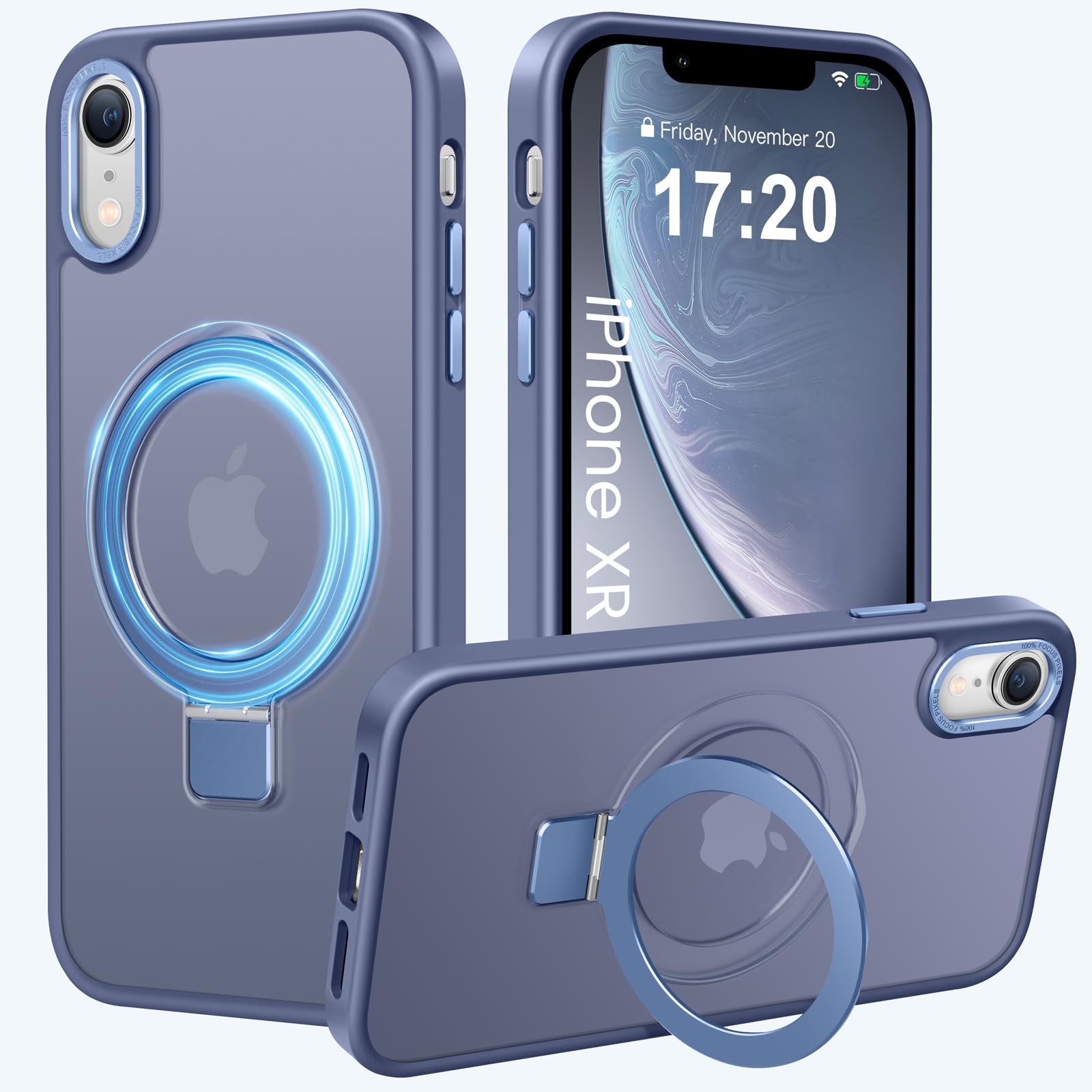 Photo 1 of PuyaTeya Compatible with iPhone XR Case with Magnetic Ring Stand, Military Drop Protection, Anti-Scratch/Anti-Fingerprint Translucent Matte Phone Case for iPhone XR (Light Blue)