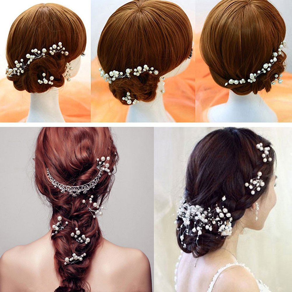 6 pcs Wedding Hair Accessories, Bridal Pearl Headband, Crystal Rhinestone Hair Wreath with Wedding Hair Pins for Bride and Bridesmaids