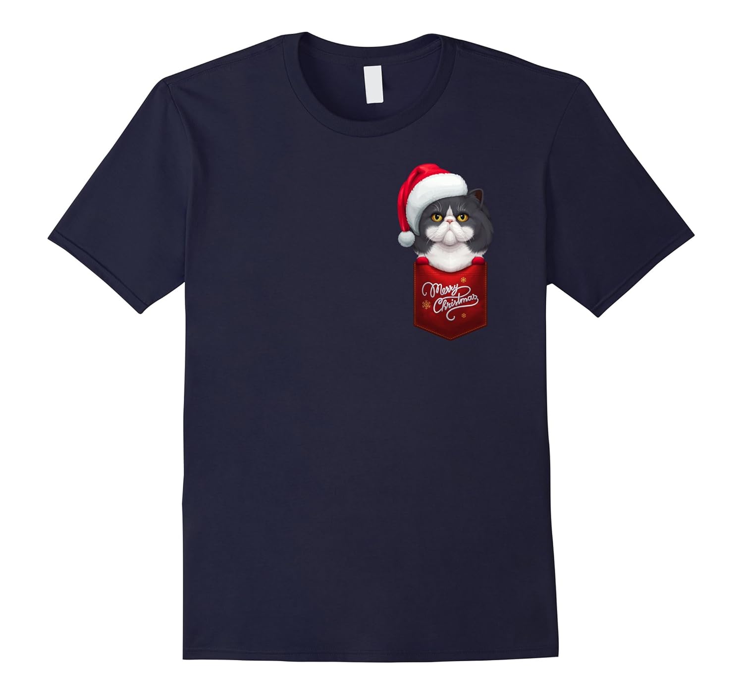 Black & White Persian Cat in Chest Pocket Christmas T-Shirt-ANZ