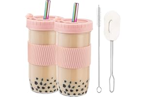 HEFBCOMK 2 Pack Reusable Boba Cup Smoothie Tumbler Glass Bubble Tea Cup, 24oz Iced Coffee Cups with Lids and Straws, Mason Ja