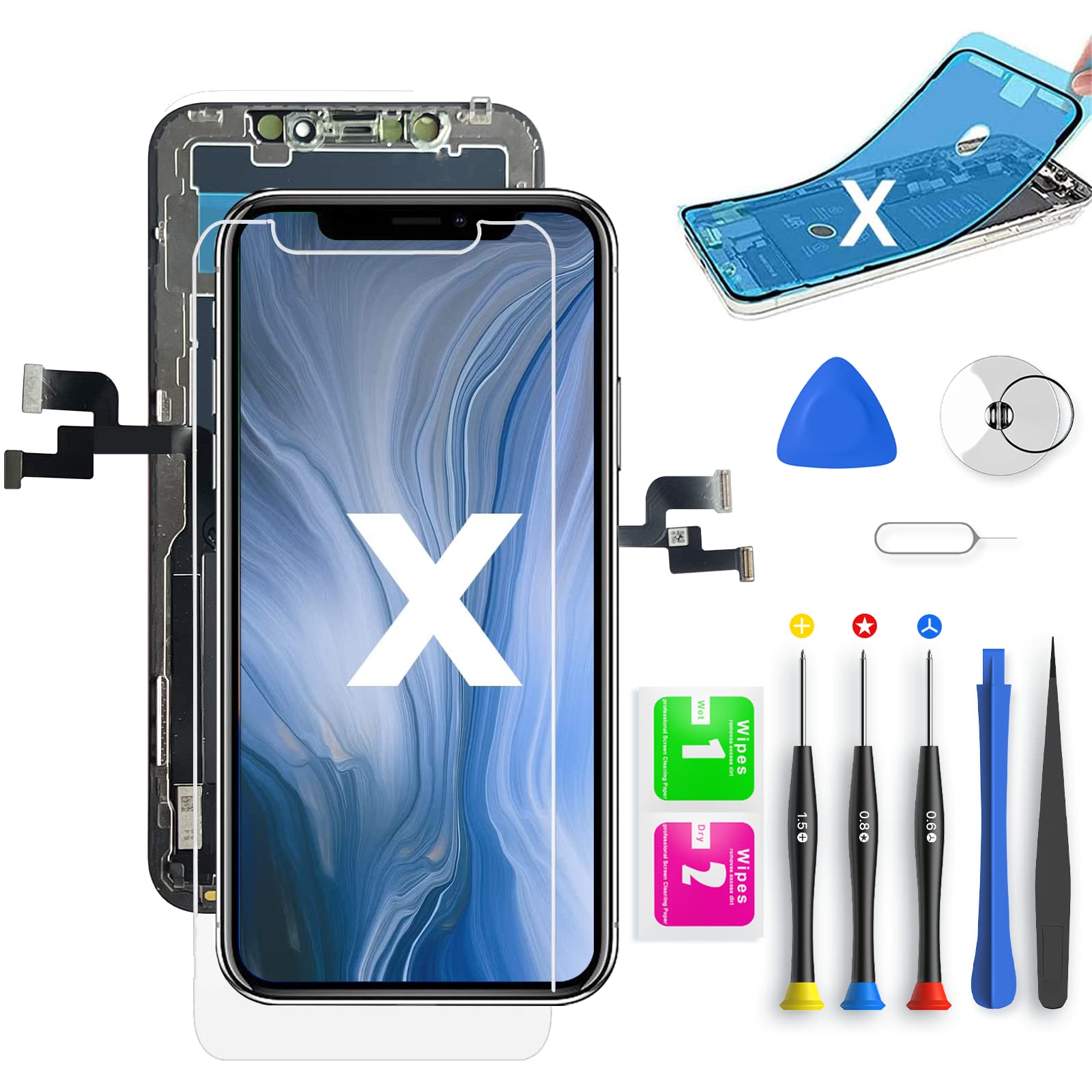 Qtlier Écran De Rechange Pour iPhone X 5.8", LCD Écran Tactile Digitizer Assembly Avec Kit De Réparation Complet + Protecteur D'Écran + Adhésif Étanche