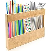 Wooden Straw Holder Straw Organizer Straws Storage Container with 4 Pcs Double Sided Adhesive Tape for Kitchen Counter
