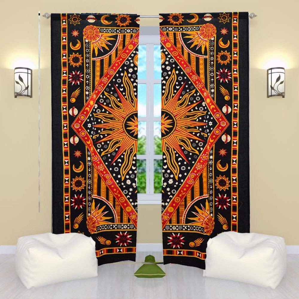 Popular Handicrafts Indian Burning Sun Hippie Mandala Window Curtains - Gypsy Bohemian Sun Moon Beautiful Drapery Bedroom Living Room Balcony Valance Panels Golden — image 1