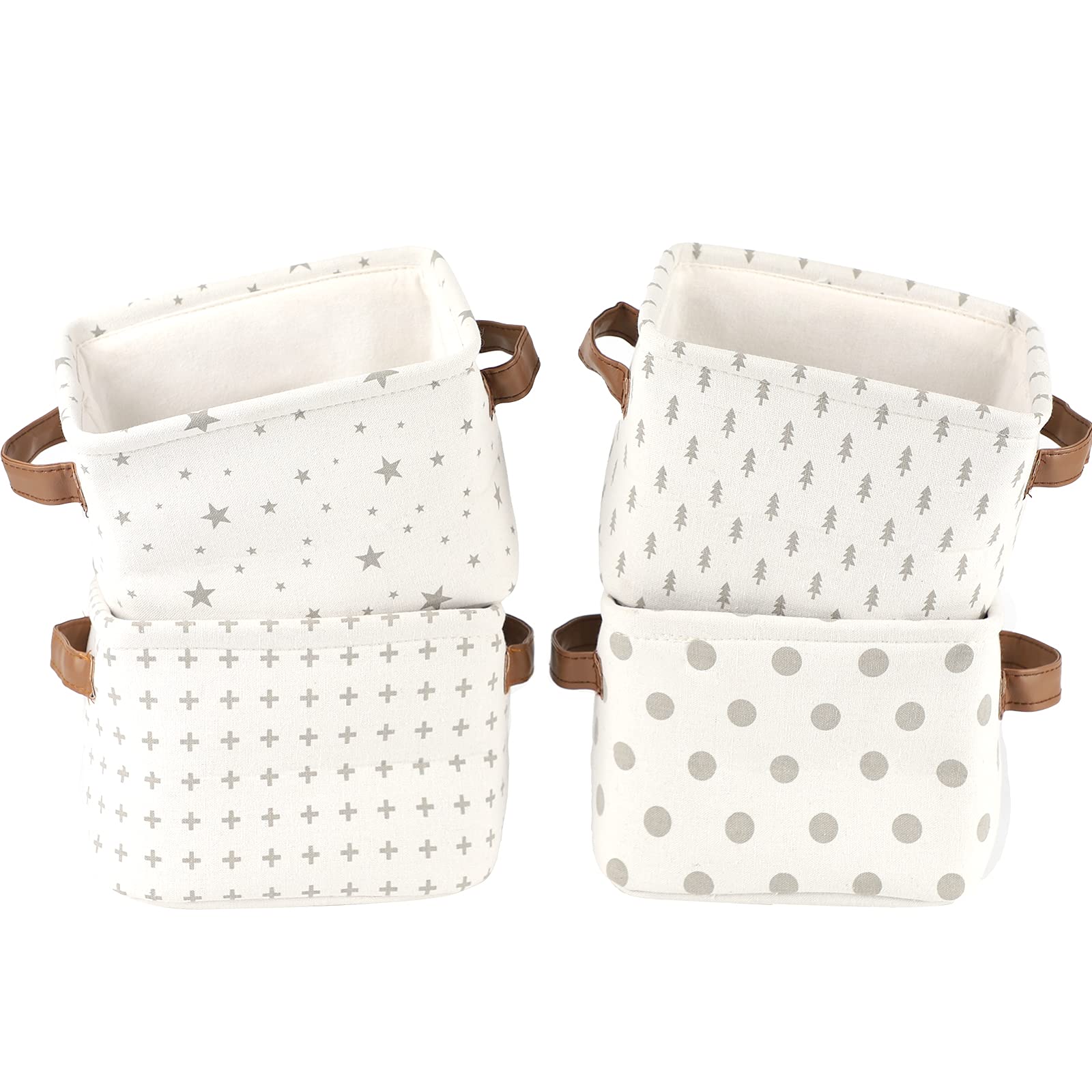 LessMo 4 Pack Storage Baskets, Collapsible Mini Storage Boxes, Canvas Fabric Waterproof Storage Bins made from Cotton and Linen, for Toys, Bathroom, Closets, Playroom (GREY-SPOT, Thick fabric)