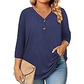 Plus Size Clothes 3/4 Length Sleeve Womens Tops Button Down Shirts Blouses Dressy Casual Loose Tunics L-4XL