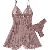 RoseSeek Women's 2 Piece Pajama Sets Lace Mesh Ruffle Hem Cami Dress and Panties Elegant Comfy Sleepwear Set