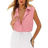 siliteelon Linen Shirts for Women Button Down Shirts Sleeveless Cotton Collared V Neck Solid Tank Top Casual Blouses Pink