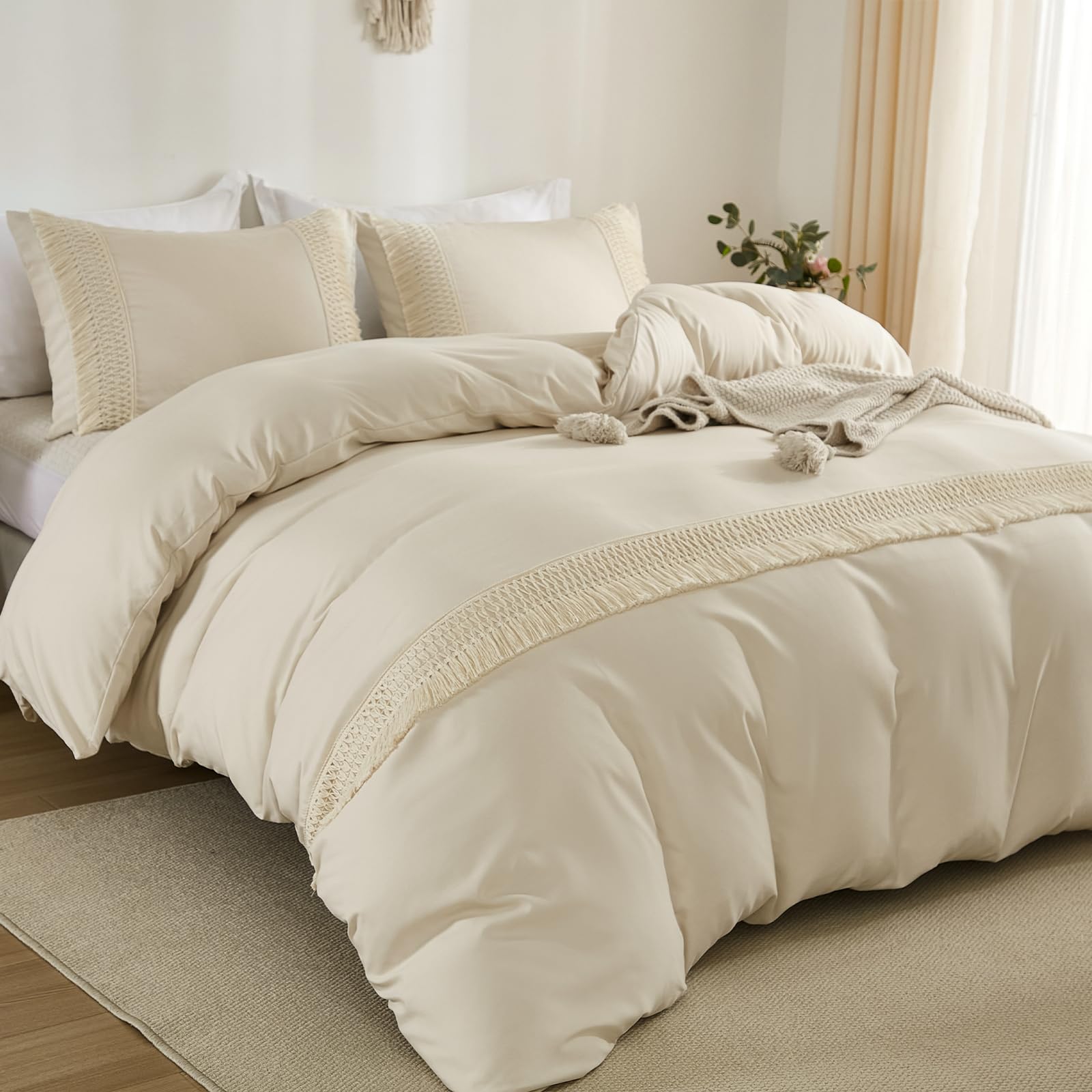 WONGS BEDDING Double Duvet Cover Set Tassels Bohemian Beige Bedding Sets 3PCS with 2 Pillowcases Soft Cozy Microfiber Boho Double Bedding Set Zipper Closure for All Season (200x200cm)