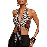 SOLY HUX Women's Floral Summer Tops Tie Front Halter Top Backless Beach Tropical Vacation Going Out Outfits