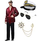 Halloween Hugh Hefner Costume Red Silky Robe Jacket & Pajama Pants Captain Costume Set with Hat Sunglasses Pipe Pin