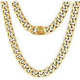KRKC&CO 12mm Mens Cuban Link Chain For Men, 18k Gold Plated Miami Thick Necklace, Lion, Skulls Square Clasp, Durable Anti-tarnish Urban Street-wear Hip Hop Jewelry for Him Rapper