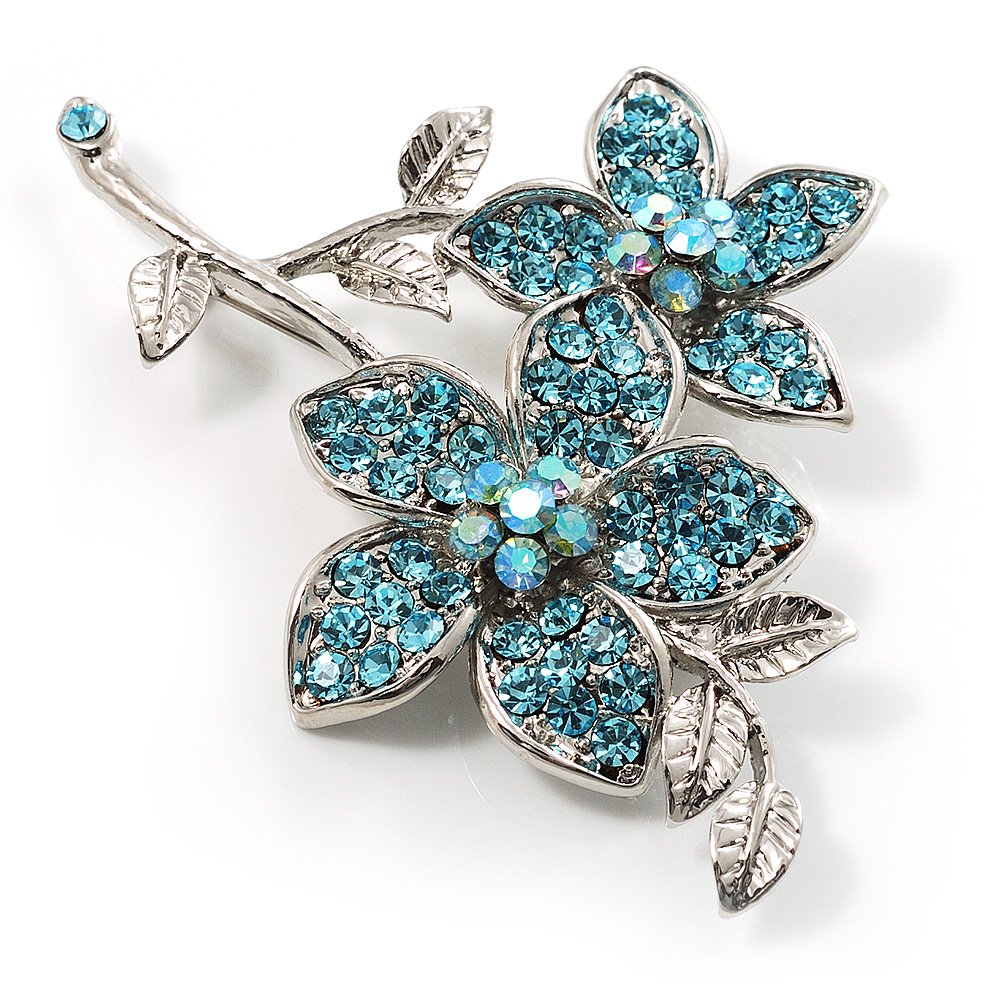 Sky Blue Diamante Flower Brooch (Silver Tone)
