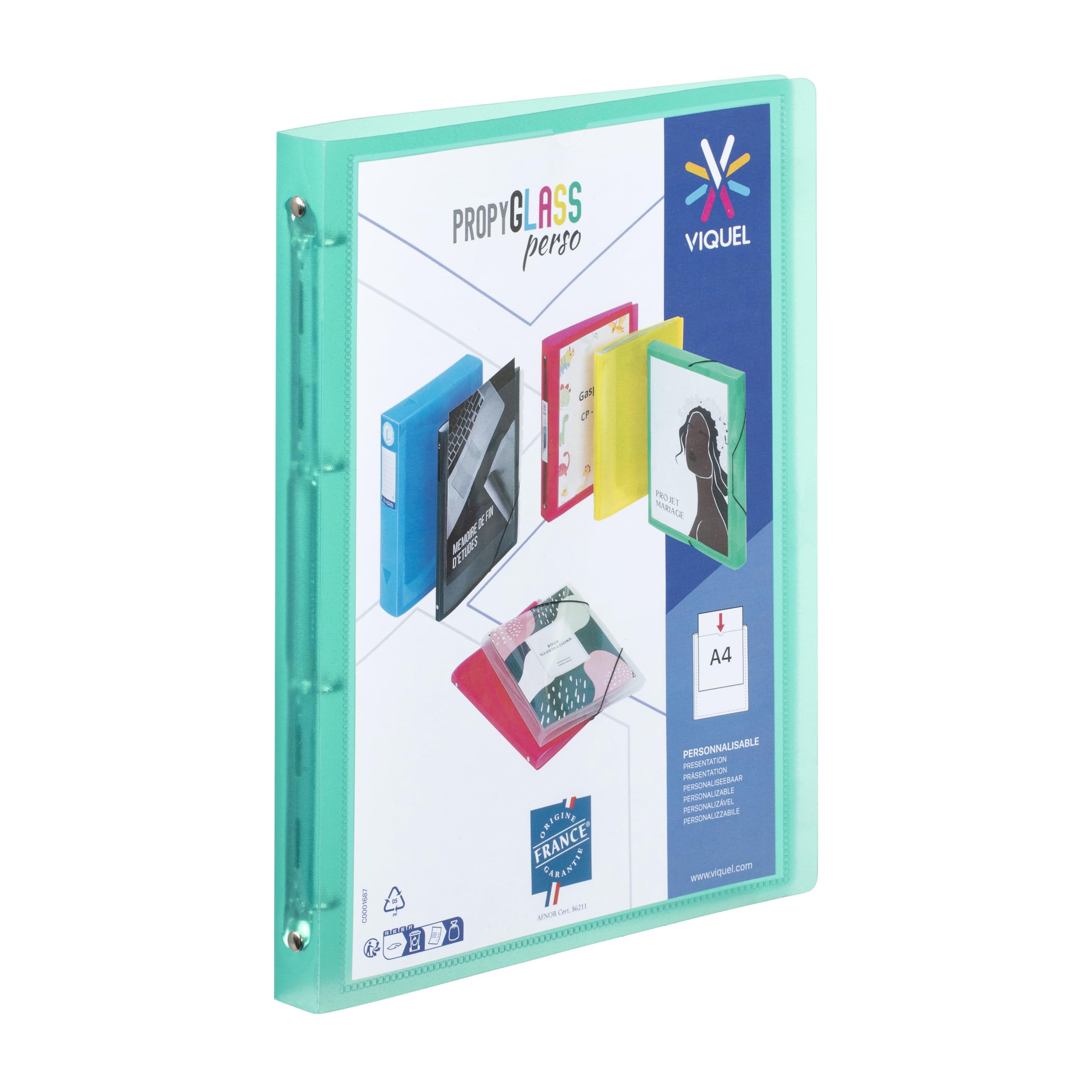 Viquel - Customisable A4 Flexible Binder - 4 Rings - 2.5 cm Spine - Translucent Turquoise Green