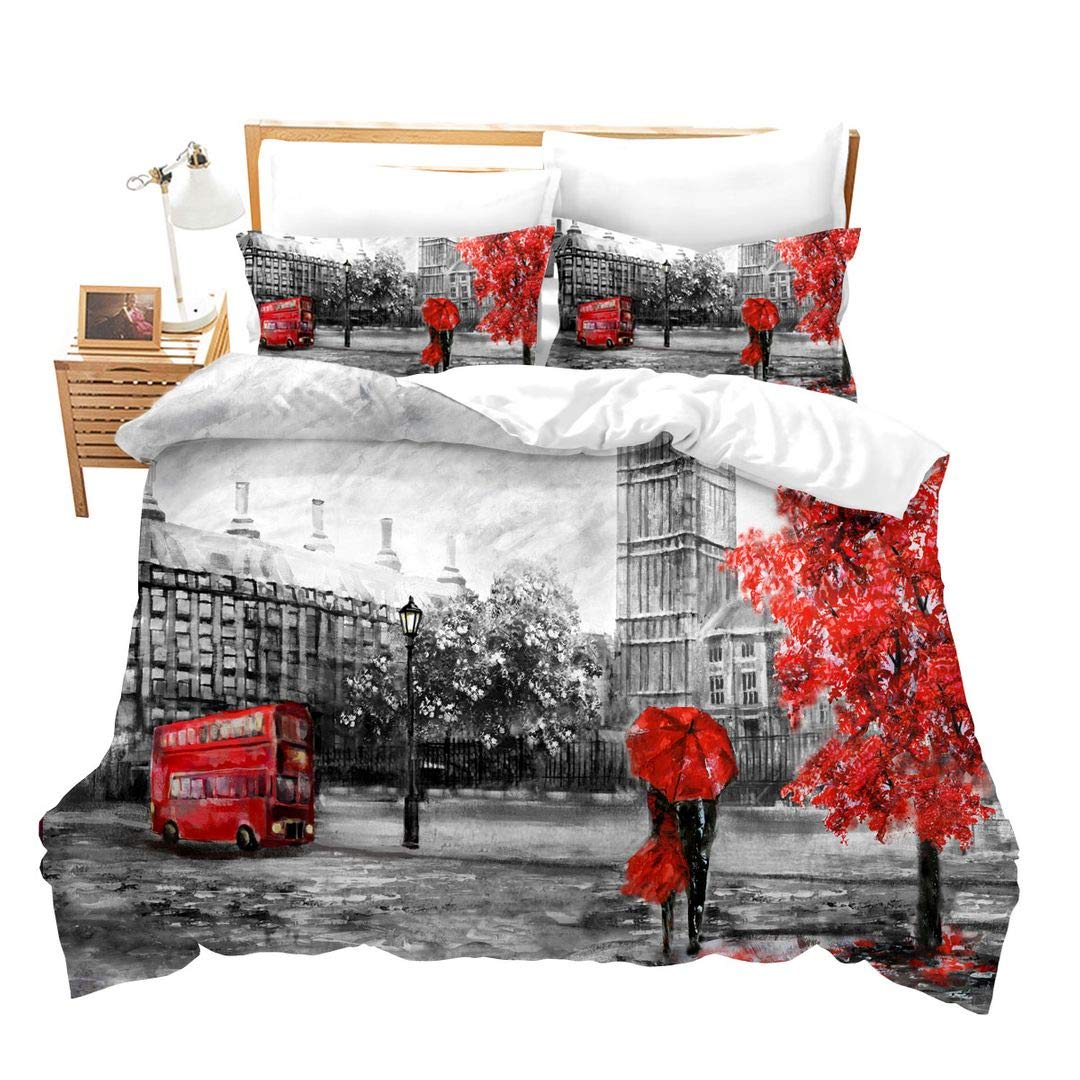 Loussiesd London Bedding Set for Couples Soft Microfiber Big Ben Duvet Cover Grey Red Double Decker Bus Pattern Comforter Cove Decorative Cityscape Bedspread Cover Street Single Zipper&Ties