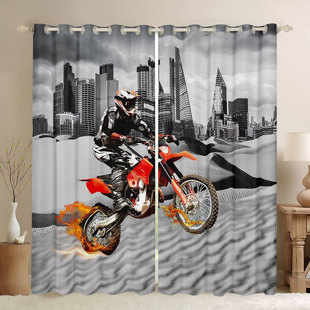 Tbrand Motocross Rider Curtains Extreme Sports Design Window Drapes Teens Cool Modern Motorcycle Window Treatments For Boys Kids Men Gray City Building Dirt Bike Window Curtain Room Decor W46 x L54 — image 1