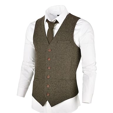VOBOOM Herren Slim Fit Tweed Anzug Premium Weste aus Wollmischung mit Fischgrätmuster MEHRWEG