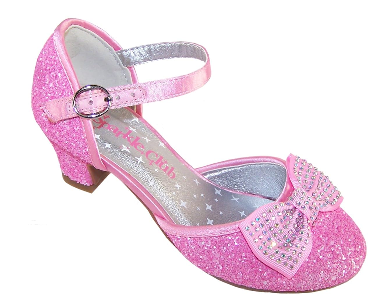 Girls childs pink sparkly glitter party special occasion low heeled
