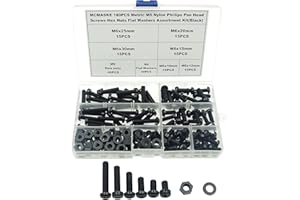 MCMASKE Metric M6 Phillips Pan Head Nylon Screws Nuts Flat Washers Assortment Kit, Screw Length:10mm to 30mm(Black)