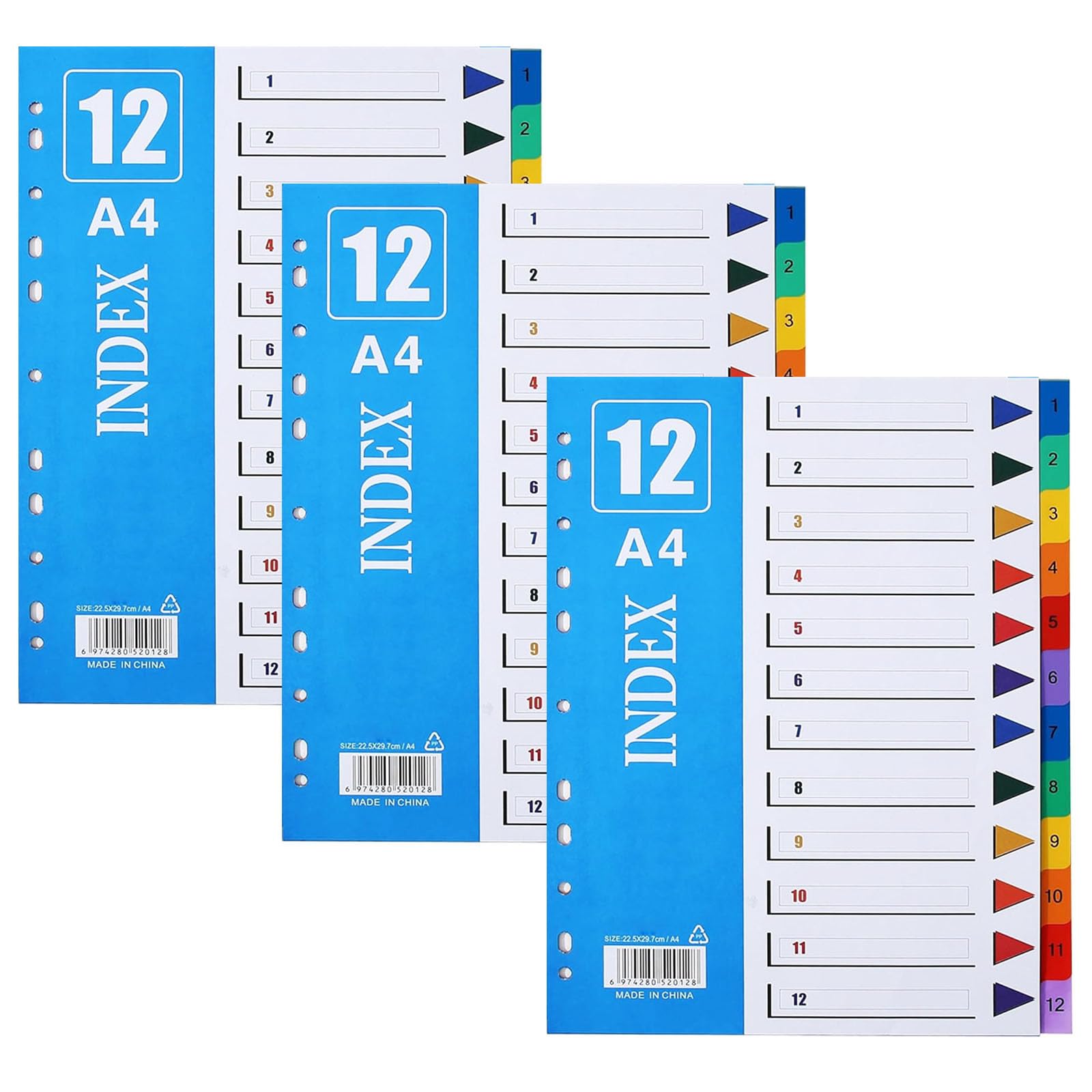 12 Parts File Dividers A4 - Cezmkio 3 Packs Folder Dividers A4, Pre-Punched Leverl Arch Folder in Assorted Colours, Plastic Binder Dividers