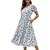NAVINS Women Floral Print Puff Sleeve Tiered A-Line Swing Midi Dress with Pockets NA1002