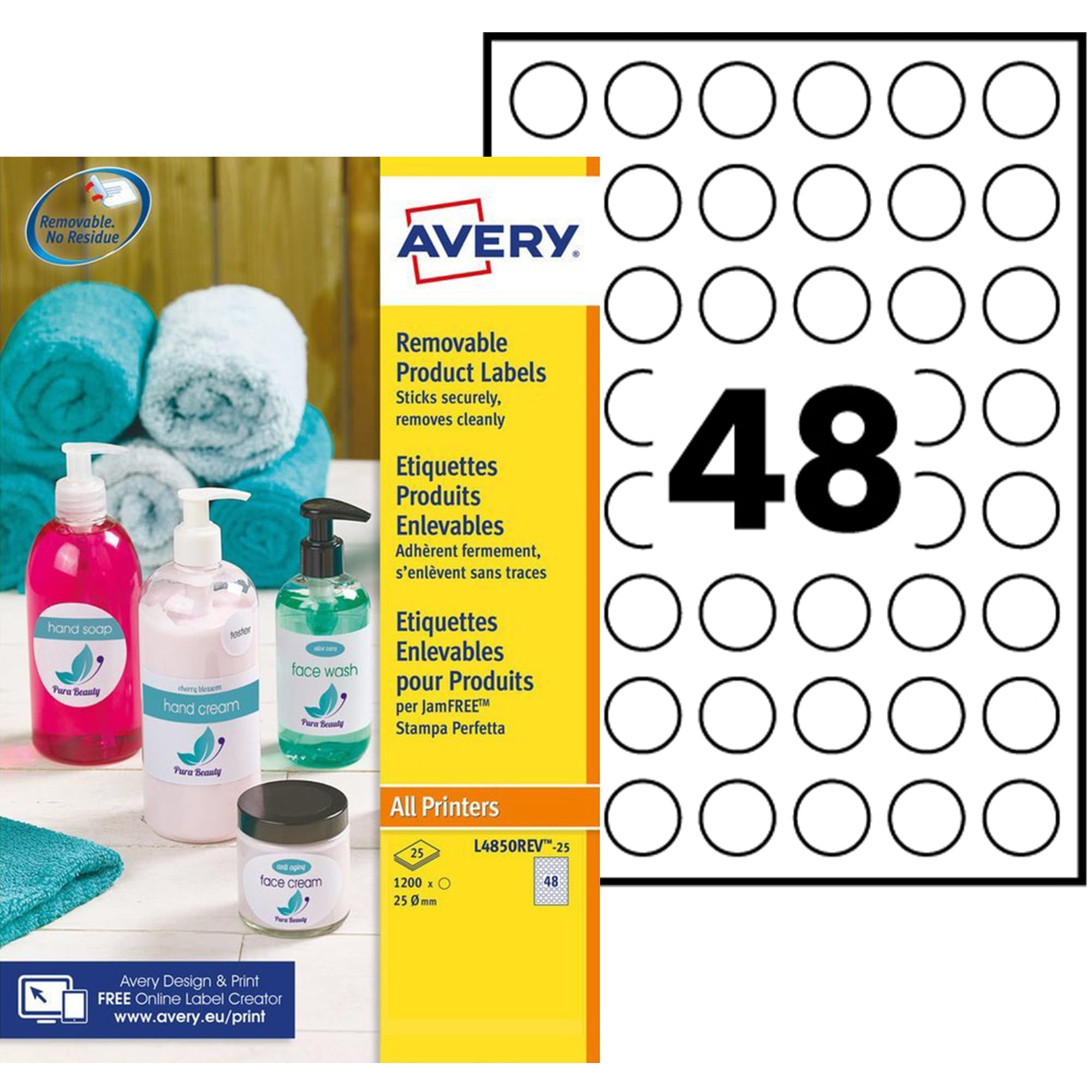 Avery Removable, Printable, Multi Purpose Circle Labels, Multi Surface, Ø 25 mm, White, 48 Labels per Sheet, 1200 Blank Labels per Pack (L4850REV-25)