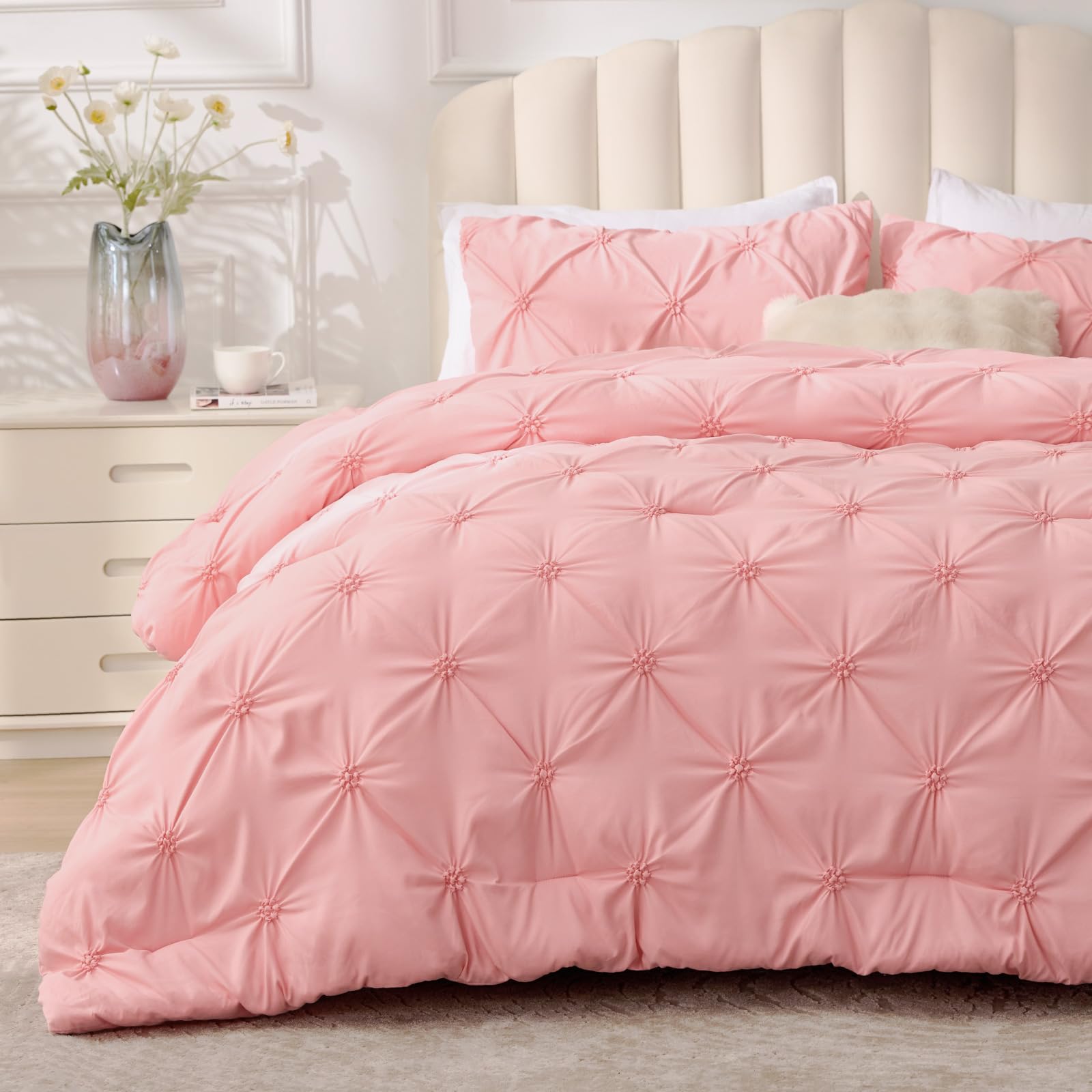 Photo 1 of **HEAVY USE* BEDELITE Pink Comforter Set Queen - 3 Pieces Boho Pintuck Bedding Comforter Sets, Lightweight Soft & Warm Bed Comforter Queen with 2 Pillowcases for All Season