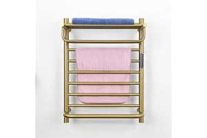 MEIJIELUO Gold Wall Mounted Heated Towel Rack, Gold Towel Warmer Rack for Bathroom, Timer & Temperature Control Electric Towel Drying Rack with Top Shelf (14 Bars with Top Shelf Brushed Gold A, Hardwired)