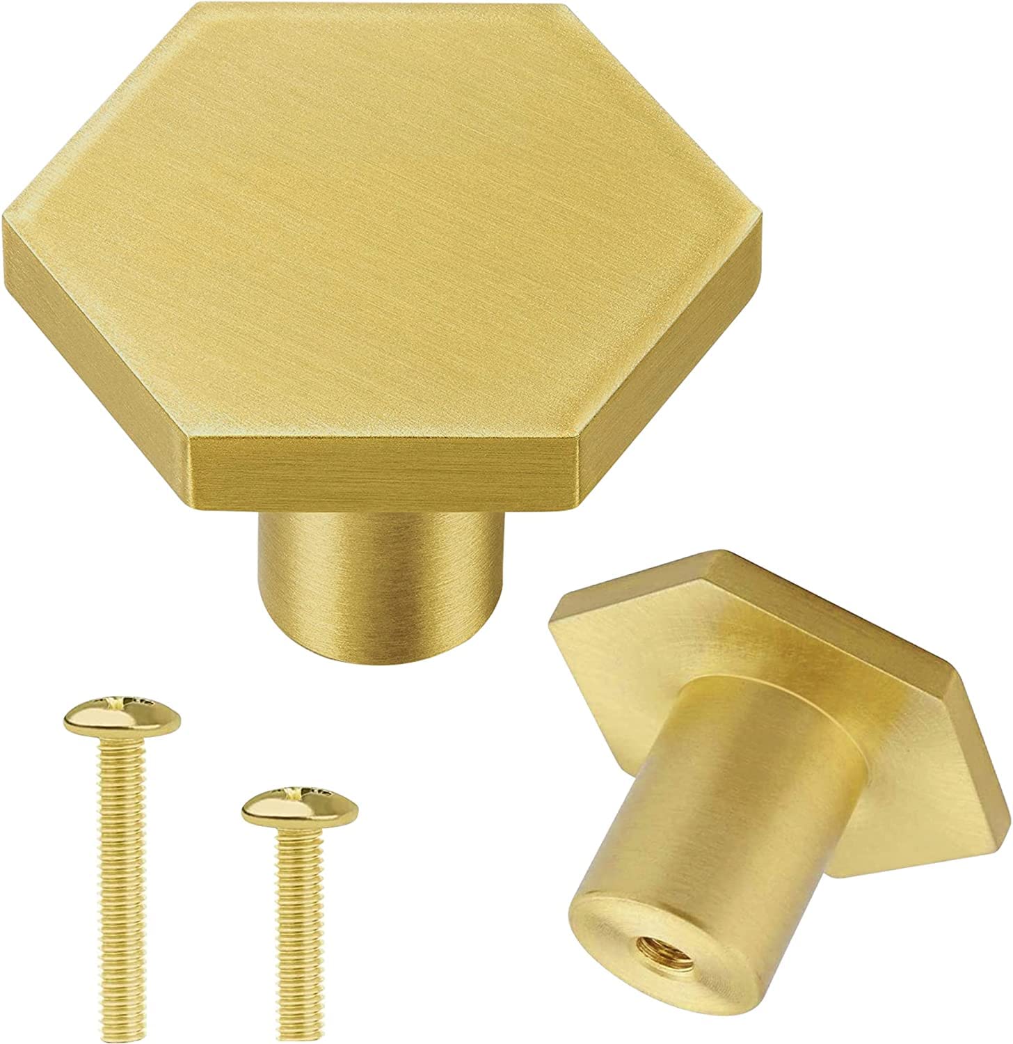 Vandicka 4 Pcs Brushed Brass Door Knobs - Gold Cabinet Knobs & Drawer Pulls - Hexagon Door Handles for Kitchen Cupboard Dresser Wardrobe, 35 * 21 mm