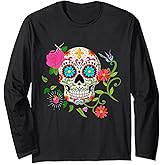 Floral Sugar Skull Dia de los Muertos Day of the Dead Long Sleeve T-Shirt