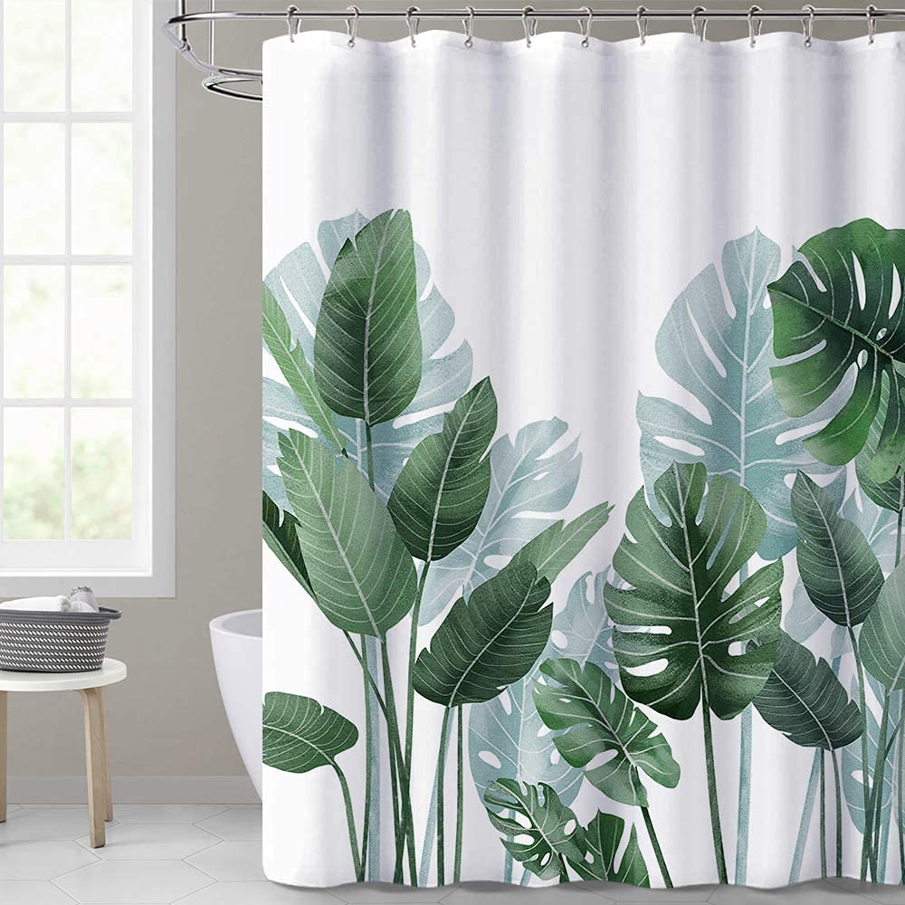Bingobang Shower Curtains Set Mould Mildew Proof Resistant 180 x 200 cm (71x 79 Inch), 3D HD Nature Green Leaves Bathroom Curtains Washable Polyester with 12 Hooks for Wet Room