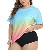 FOREYOND Plus Size Rash Guard Shirts for Women Short Sleeve UPF 50+ Sun Protection Swimwear Swim Suits Top