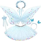 Latocos 5pcs Girls Fairy Wings Costume Kids Toddler Butterfly Wings Wand Tutu Skirt Crown Headband Halloween Dress Up Gift