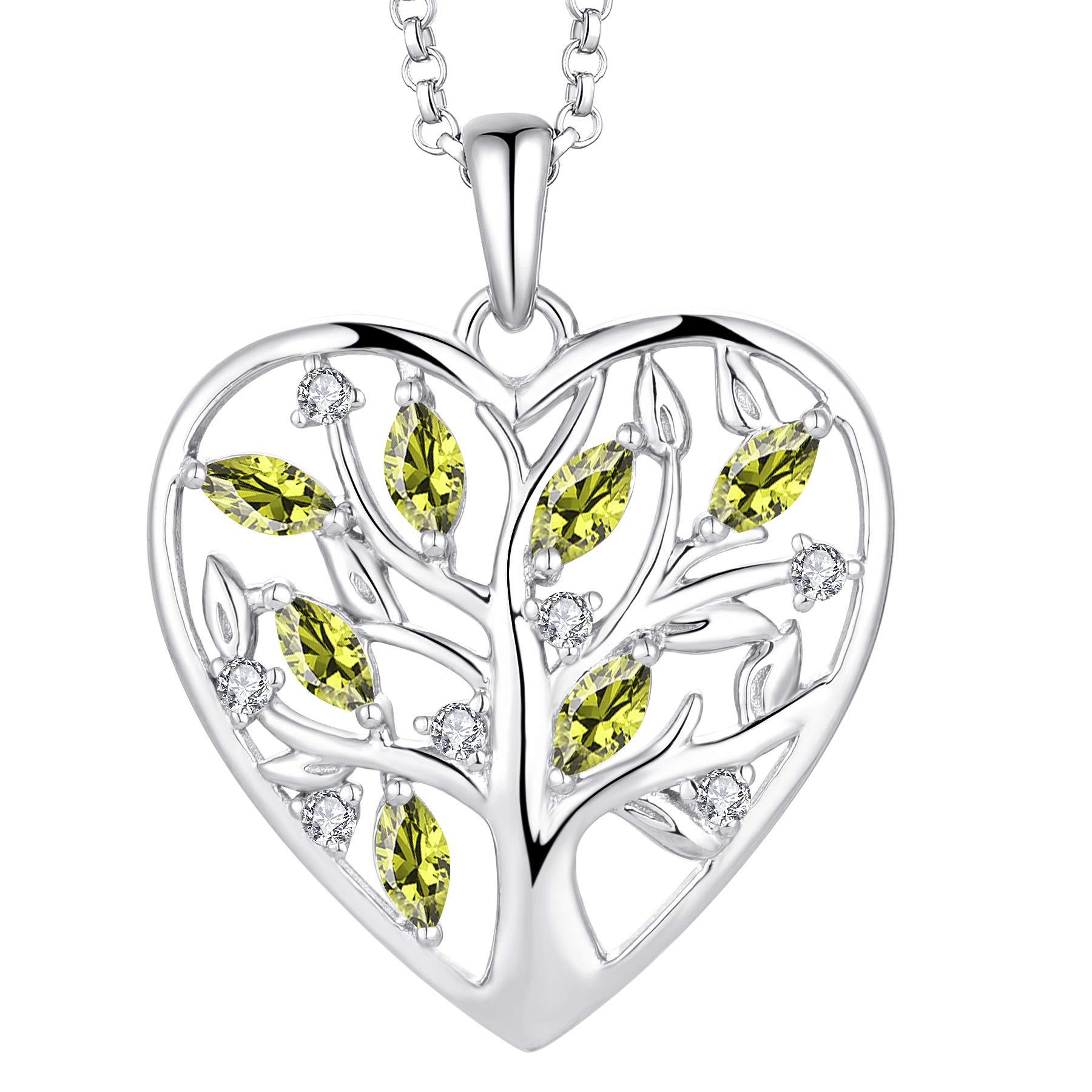 JO WISDOM Women Heart Necklace,925 Sterling Silver Tree of Life Pendant Necklace with 3A Cubic Zirconia August Birthstone Peridot Color Jewelry for Women