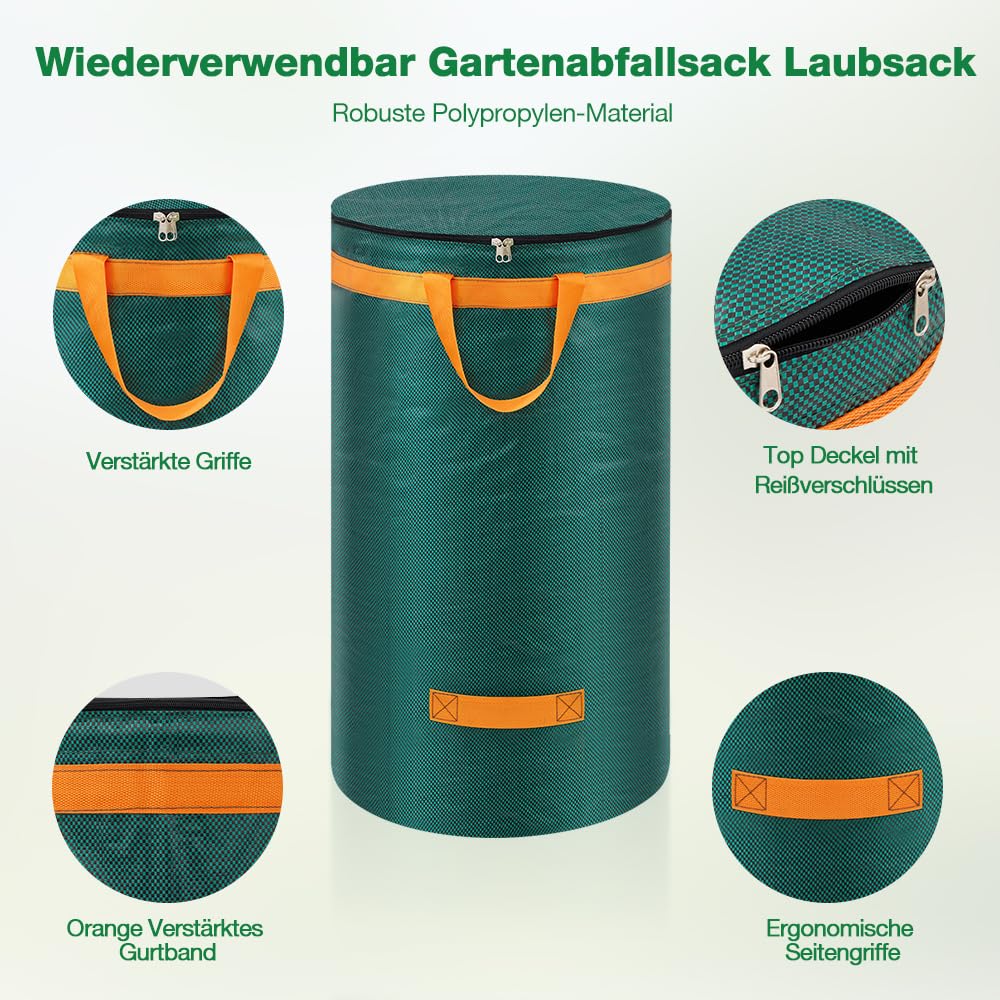Eurhomewit 3 Gartenabfallsack 272L Laubsack Gartensack mit Deckel und Griffen, Groß Stabile Gartensäcke Laubsammler, Selbststehend Abfallsack Stabil Grünschnittsäcke für Gras Laub Hecke Gartenabfall 5
