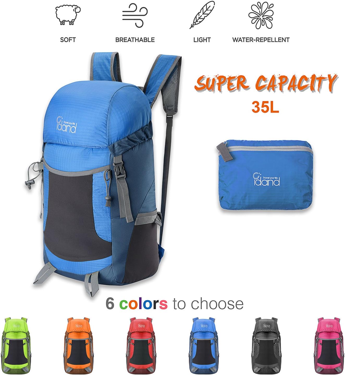 IDAND Most Durable 35L Ultra Lightweight Packable Backpack Water Resistant Daypack