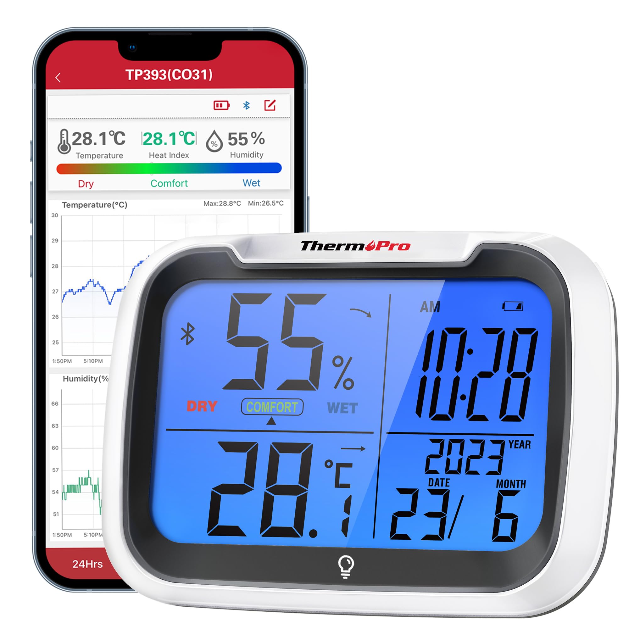 ThermoPro TP393B Digital Hygrometer with Clock Room Thermometer for Home, Auto Sync Data via Bluetooth with 80M Range, Desk Clock Displays Tempeture Humidity with Backlit for Bedroom