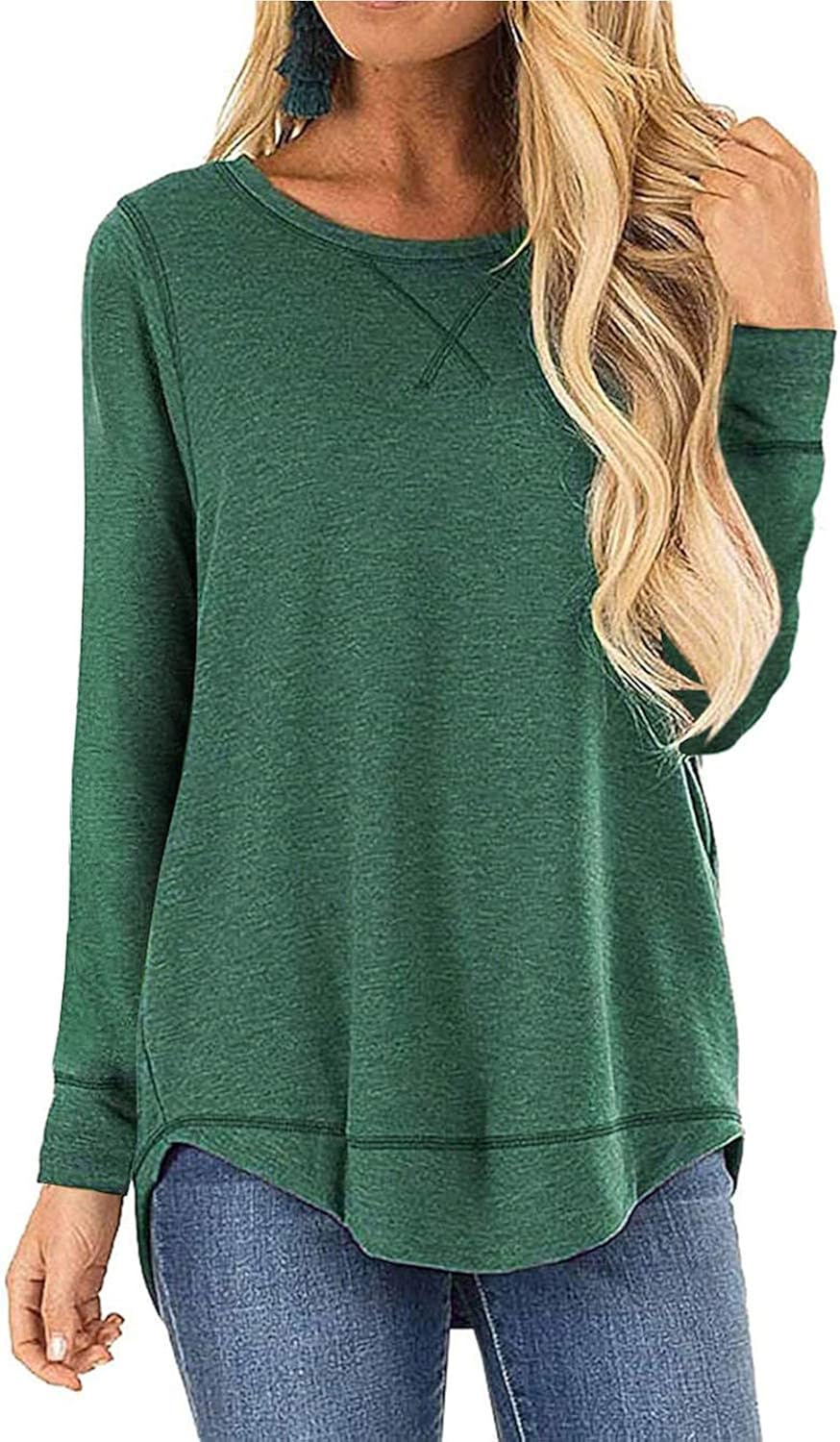 Ranphee Womens Dark Green Long Sleeve Shirt Fall Crew Neck Tops Side Split Casual Loose Fit 