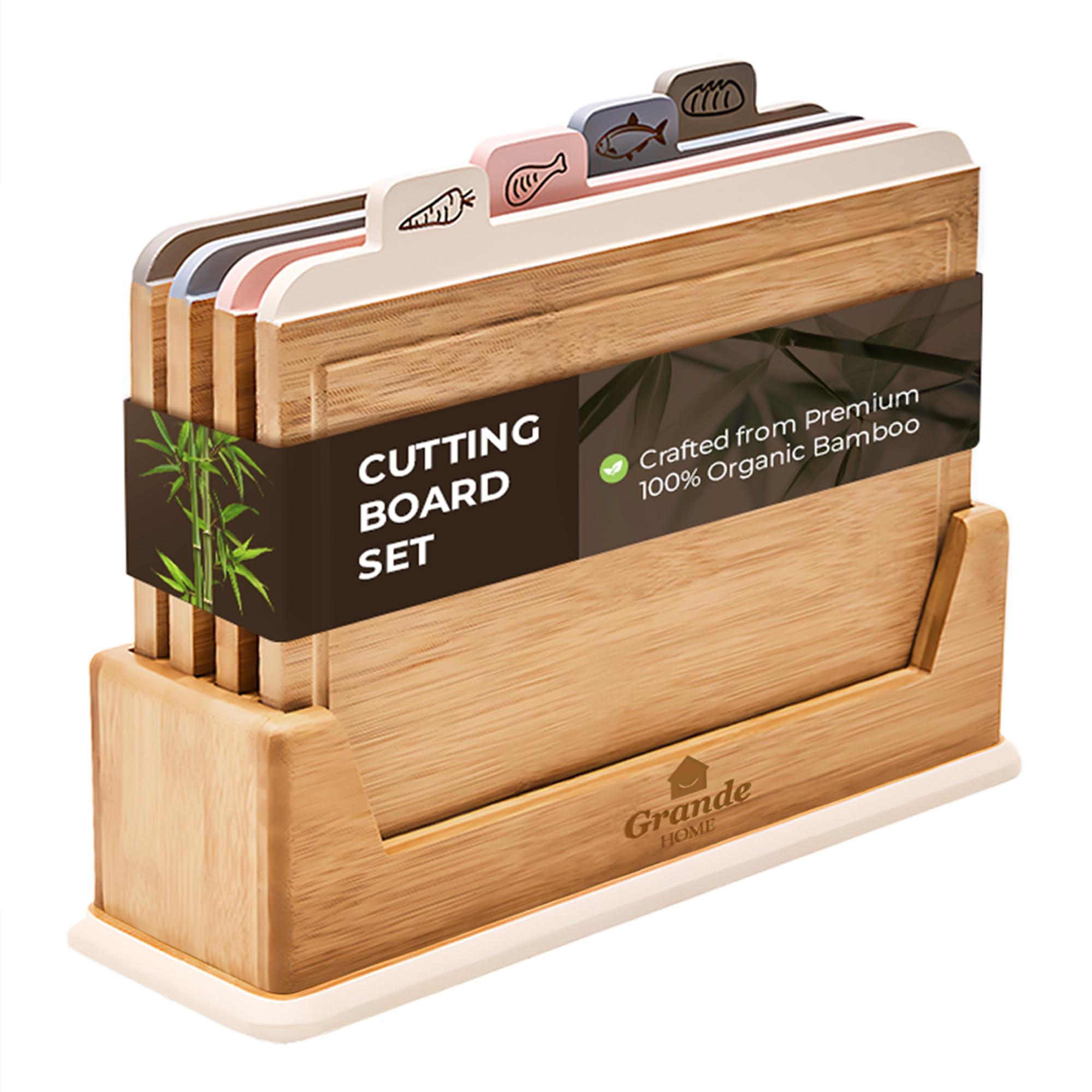 Photo 1 of ***MAJOR DAMAGE*** Grande Home Wooden Cutting Boards for Kitchen – 5-Pcs Cutting Board Set with Holder – Natural Bamboo Chopping Board with Juice Groove – Ideal for Vegetables, Meat, Fish, Bread.