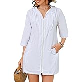 Bsubseach Terry Cloth Swim Coverup - Women Long Sleeve Hooded Swimsuit Coverup Zipper Beach Coverups Robes with Pockets