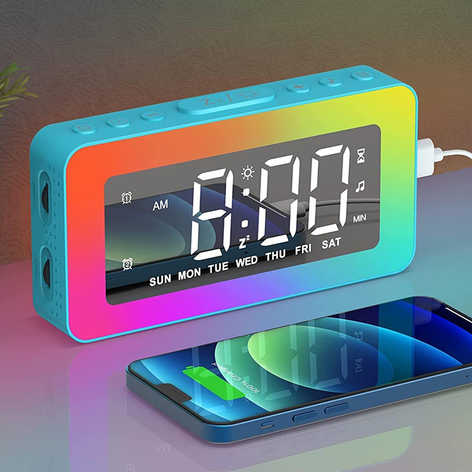 Alarm Clock for Kids, Digital Clock with 8 RGB Night Lights, LED Display Mirror Clock, Dual Alarms, Snooze, Dimmable Brightness, Timer, USB Port, 8 Sleep Sounds, Alarm Clocks for Bedrooms