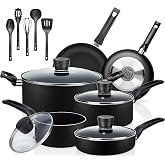SereneLife Kitchenware Pots &amp; Pans Basic Kitchen Cookware, Black Non-Stick Coating Inside, Heat Resistant Lacquer (15-Piece Set), One Size