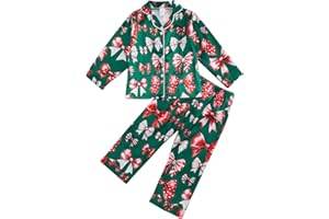 fyclemt Toddler Baby Girl Boy Christmas Silk Satin Pajamas Santa Button Pjs Kids Long Sleeve Shirt Pants Xmas Pjs Sleepwear