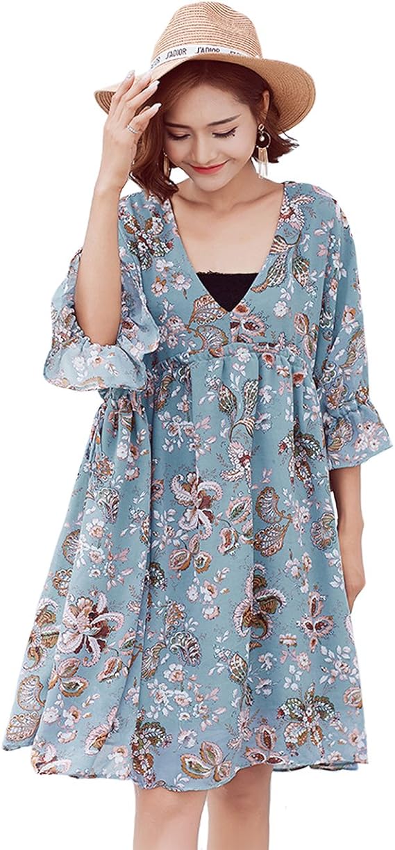 Amazon 大きいサイズ レディース 花柄リボンワンピース 五分袖 Ll 3l 4l 5l 6l ブルー 17秋 新入荷 ブルー 大きいフリーサイズ ワンピース チュニック 通販